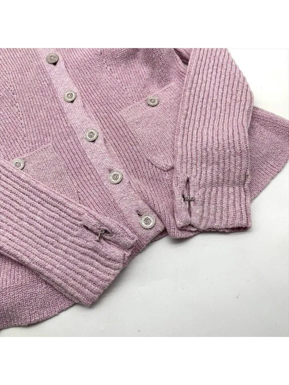 Chanel CC Logo Camellia Button Knit Cardigan Pink Lame